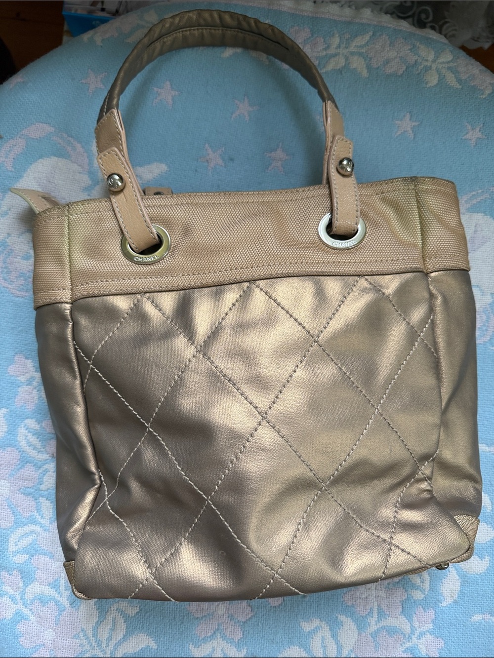 CHANEL Paris Biarritz PM Tote Bag Gold Matelasse Canvas CC - Picture 8 of 17